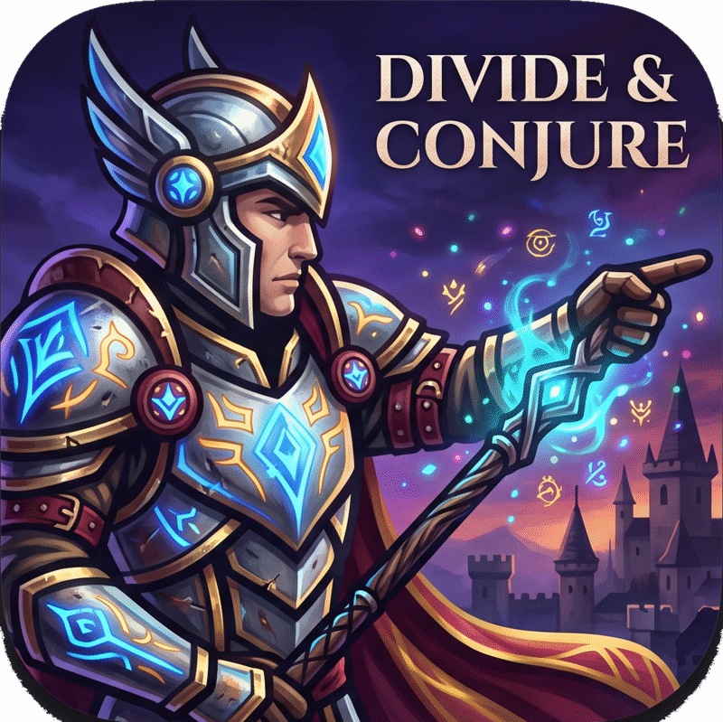 Divide and Conjure app icon. An armoured knight in silver and gold plate points a glowing blue staff toward a distant castle under a purple night sky, with the game's title above.